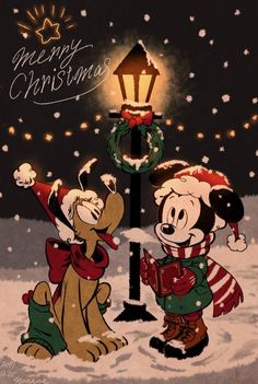 mickey and minnie mouse in the snow by a lamp post with christmas lights on it