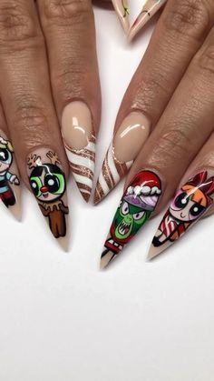 Christmas Character Nail Designs, Mojo Jojo Nails, Christmas Story Nails, Coffin Tips, Be My Lover, Character Nails