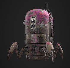 an old, rusty robot is shown in this 3d renderings image with black background