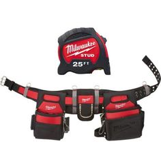 the belt is red and black with white lettering on it, along with two matching tool pouches