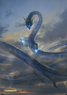 a blue dragon is flying through the air with its tail curled up and eyes open