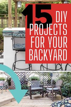 the back yard with chairs and an umbrella over it that says 15 diy projects for your backyard