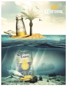 an advertisement for corona beer in the ocean