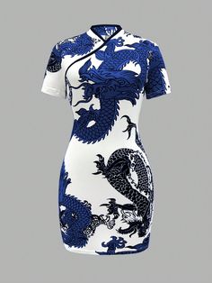 Random Cut Chinese Style Dragon Print Women's Short Sleeve Midi Dress Multicolor Casual,Sexy  Short Sleeve Knitted Fabric Animal,Plants,All Over Print,Textured Pattern Bodycon High Stretch  Women Clothing, size features are:Bust: ,Length: ,Sleeve Length: Dragon Print, Mini Robes, Fabric Animals, Midi Short Sleeve Dress, Costume Design, Chinese Style, Colorful Leggings, Women Clothing, Women Clothes Sale