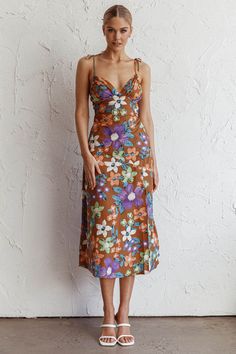 Shop the Clovelly Tied Shoulder Midi Dress Flower Terracotta | Selfie Leslie Floral Midi Sundress For Date Night, Floral Print Midi Dress For Summer Date Night, Floral Sundress For Date Night, Summer Floral Midi Dress For Date Night, Date Night Floral Midi Dress With Spaghetti Straps, Date Night Spaghetti Strap Midi Dress With Floral Print, Floral Print Midi Dress For Date Night, Mid-length Floral Print Dress For Brunch, Summer Floral Print Midi Dress For Date Night