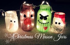 four mason jars decorated with christmas lights and faces