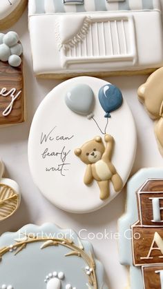 decorated cookies with teddy bears and balloons on them