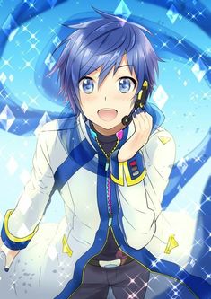 an anime character with blue hair holding a cell phone to her ear and looking at the camera