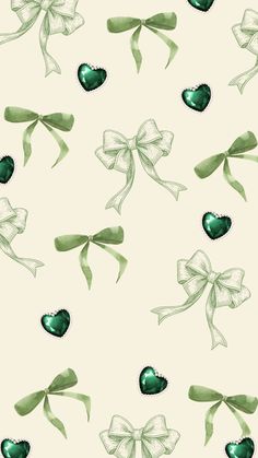 green bows and hearts on a white background