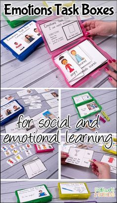 the emotions task box for social and environmental learning is shown in three different pictures with text