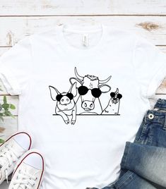 "Group of Farm Animals Shirt, Cow Pig Chicken T-Shirt, Cow Shirt, Pig Shirt, Chicken Shirt, Gift for Animal Lover Shirt, Farmer Cow Mom Gift WELCOME TO \"StyleDesignUS\" High quality and super soft, comfortable shirt. Made with top of the line vinyl and pressed with a professional grade heat press. All our simple color ones like White, Black, and Red are 100% Cotton. All our Heathered Colors are cotton/polyester blend and they are super comfy soft! SIZING AND COLORS Make sure you check our size- Cow Shirt Designs, Pig Mom Shirts, Pig Shirt Ideas, Summer Graphic Tee With Character Print, Novelty Cotton Tops For Summer, Novelty Summer Tops With Cartoon Print, Novelty Cartoon Print Summer Tops, Summer Novelty Tops With Cartoon Print, Novelty Screen Print Tops For Summer