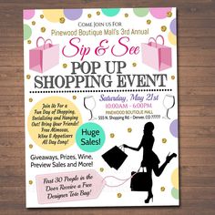 a flyer for a pop up shopping event with a woman carrying bags and presents on it