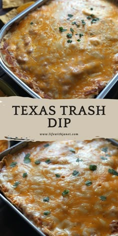 two pictures of a casserole dish with cheese and green onions in it, the top photo has been taken