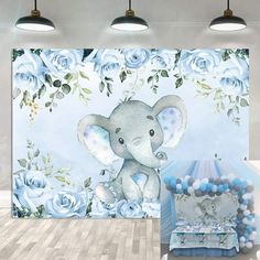 an elephant is standing in front of a wall with roses on it and balloons around it