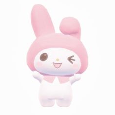 an adorable little pink bunny doll with big ears and eyes, standing in front of a white background