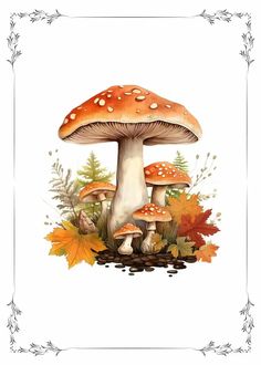 a painting of mushrooms and leaves in the grass