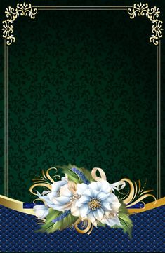 a blue and green background with gold trimmings, flowers and an ornate frame