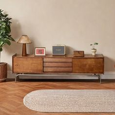 a living room with wooden floors and a large plant on top of a dresser next to a potted plant