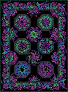 a black square with purple flowers and green leaves on the center is an intricate design