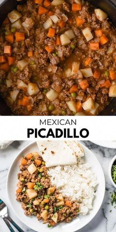 mexican picadillo with rice and vegetables in a skillet next to the recipe