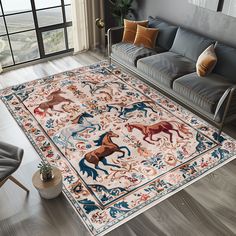 a living room with a couch and rug on the floor