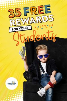 a young boy sitting on top of a black chair with money in his hand and the words 35 free reward for your students