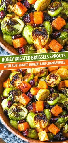 roasted brussel sprouts with butternut squash and cranberries in a bowl