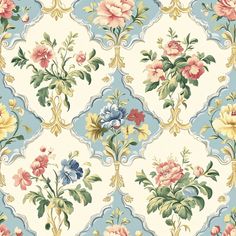 Patmore Wallpaper - Painted Paper Cream Floral Wallpaper, Vintage Floral Pattern Design, Yellow Floral Wallpaper, Rose Pink Wallpaper, French Country Fabric, Country Fabric, Chic House, Floral Sofa, Pastel Blue Background