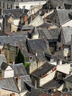 an aerial view of many old buildings with roofs and trees in the foreground,