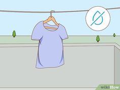 a blue shirt hanging on a clothes line next to a sign that says what how?