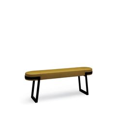 a yellow bench sitting on top of a white floor next to a black metal frame