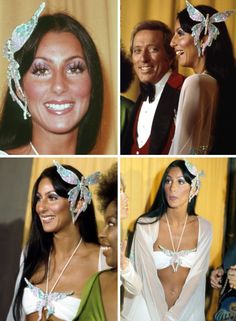 four pictures of people dressed in costumes and one has a butterfly on her head, while the other is smiling