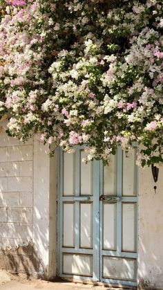 an old door is covered with pink and white flowers