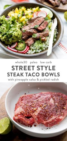 steak, rice and vegetables are served in bowls with limes on the side for a low carb street style steak bowl