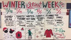 a bulletin board that has been decorated with writing and pictures for winter spirit week on it