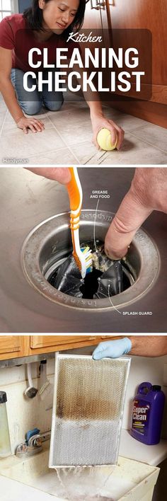 a woman cleaning a sink with a yellow brush