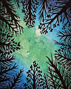 an abstract painting of trees and stars in the sky with green, blue, and black colors