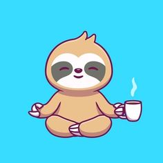 a slotty bear holding a coffee cup with its eyes closed while sitting on the ground