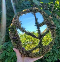 a person holding up a circular mirror with trees in the background and grass growing on it