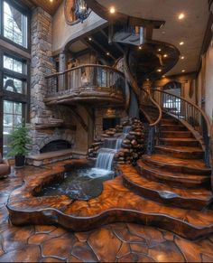 a spiral staircase in the middle of a living room with a waterfall running down it