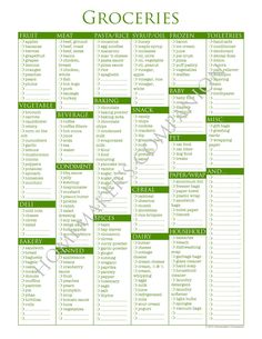 a printable grocery list with grocery items in green and white, including grocery items