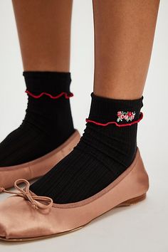 Designed to add the sweetest touch to every style, these effortless ankle socks are featured in a forever staple pointelle fabrication with floral embroidery and ruffled trim for a super femme finish. | Only Hearts Pointelle Ankle Socks at Free People in Black, Size: M/L Only Hearts, Ankle Socks, Boho Outfits, Floral Embroidery, Pink Dress, Free People, Tights, Socks, Trim