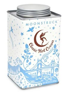 a canister with a blue and white design on the lid that says moontruck