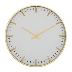 a white clock with gold hands on a white background