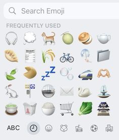 a bunch of different types of items on a cell phone with the text q search emoji frequently used