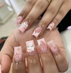 Valentines Nails French, Nail Inspo Hello Kitty, Duck Nails Short, French Tip Nails Pink, Azul Nails, Nails Sanrio, Nails Freestyle, Nails Charm, Sanrio Nails