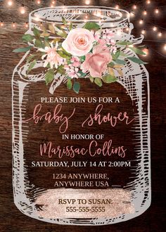 Rustic Baby Shower Invitation - Printable Invitation Template Featuring a Mason Jar with a Rose Gold Glitter Bottom and Blush and Dusty Rose Flowers Along the Rim, Peach Calligraphy, and String Lights on a Dark Wood Background - Edit, Customize, Personalize This listing is for an editable digital template in two sizes (5x7 & 4x6), front and back that YOU edit/personalize yourself. No printed materials are included in this listing. None of our listings include actual foil or glitter. Elements des Dusty Rose Flowers, Dark Wood Background, Background Edit, Rustic Baby Shower Invitations, Chic Baby Shower, Wine Gift Set, Printable Invitation Templates, Floral Baby Shower Invitations, Printable Baby Shower Invitations