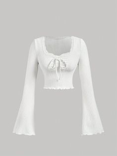 Blanco Casual Collar Mangas Extra Largas Canalé Liso  Embellished Estiramiento medio Tops With Sleeves, Long Sleeve Shirt Outfits, Fitted T Shirt, Adrette Outfits, Fall Clothing, Extra Long Sleeves, White Square, Cute Everyday Outfits