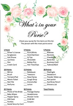 what's in your purse? with pink roses and green leaves on white background