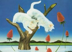 a painting of a white cat on top of a tree